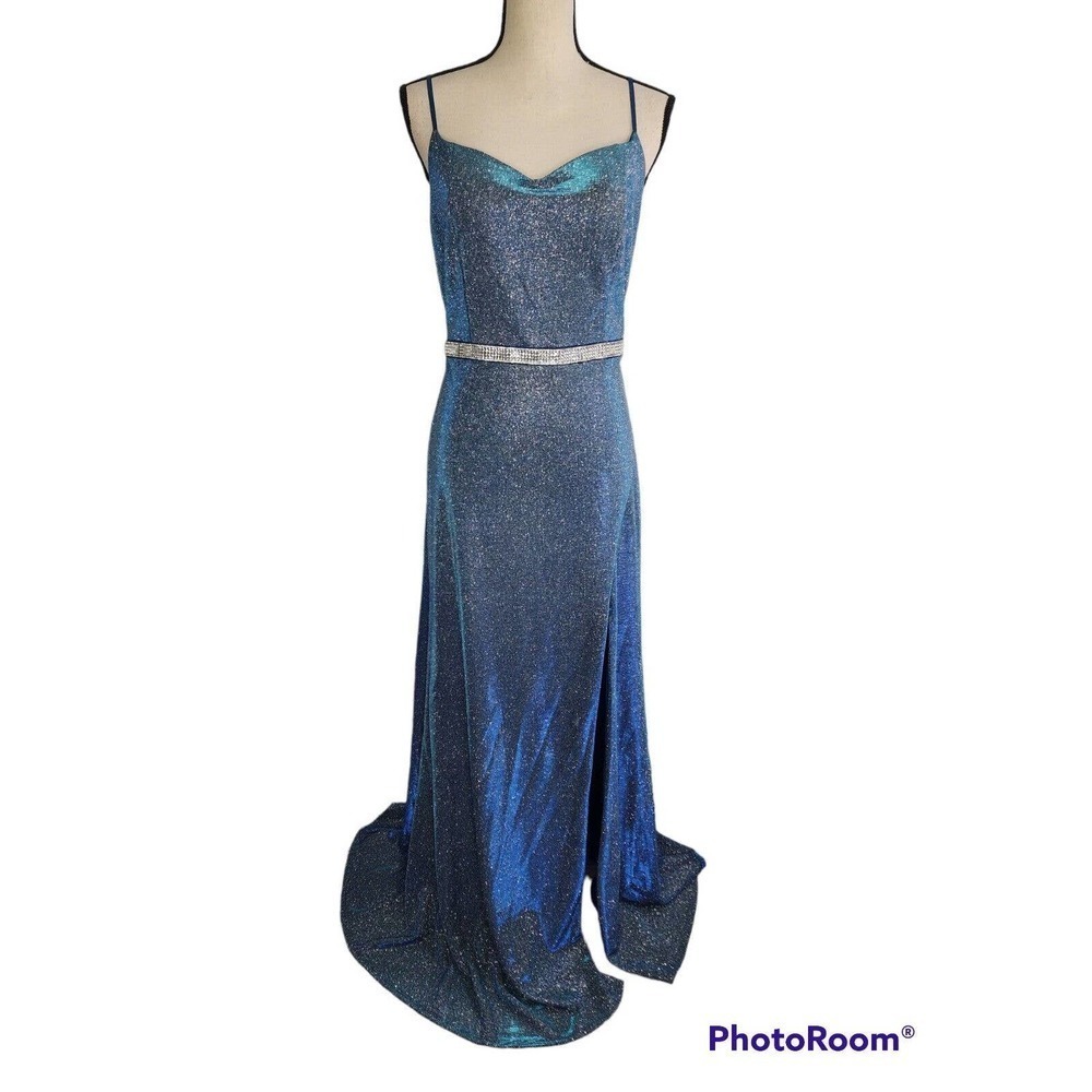 LA SCALA Blue Formal Dress Shimmer Embellished Blue Silver Maxi Slit Size S
